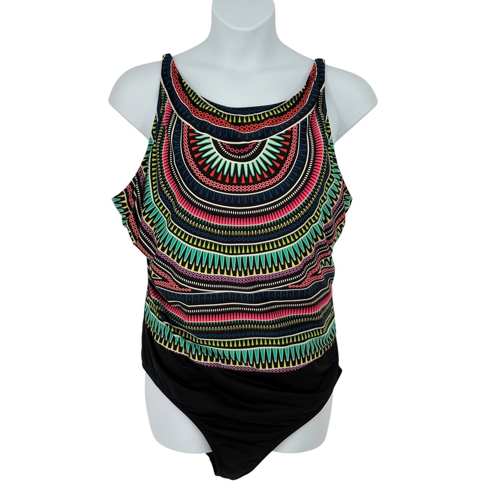 Cleanwater One Piece Swimsuit Multi Color Tribal Blouson High Neck 24W